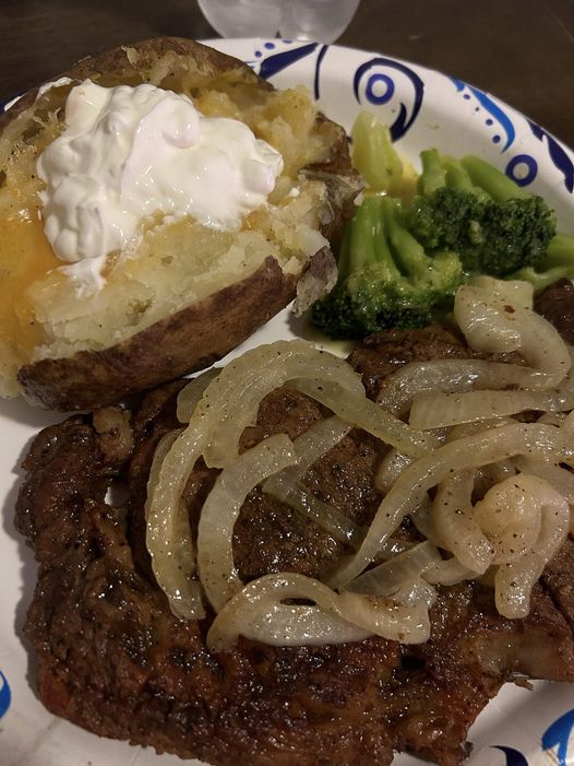 Steak with Caramelized Onions and Garlic Butter Potatoes