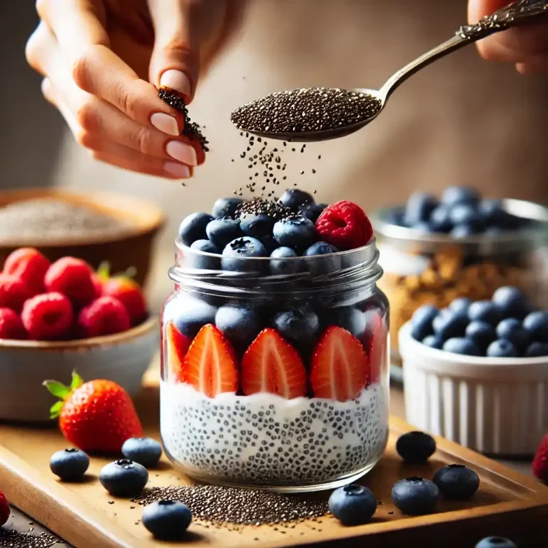 Add Berries and chia Add a layer of mixed berries and sprinkle with chia seeds