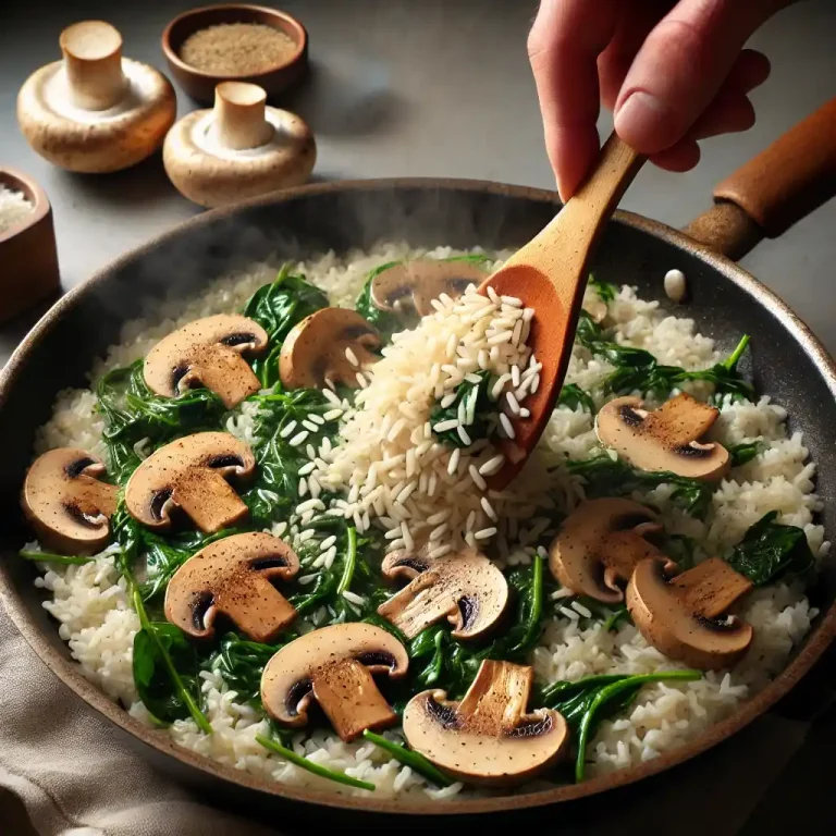 Add the mushrooms and cook until golden. Stir in the Arborio rice and cook for 2 minutes to toast the rice slightly.