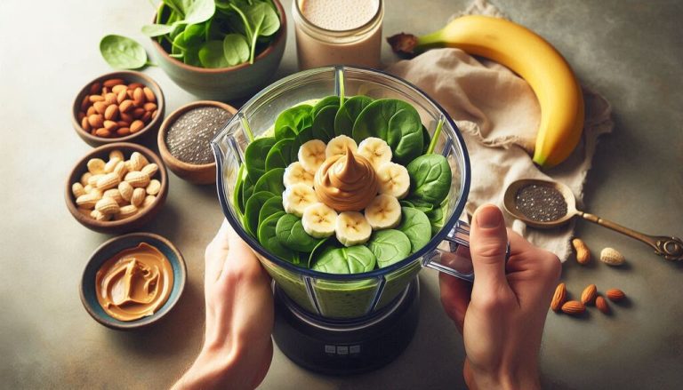 Add the spinach, banana, almond milk, chia seeds, and peanut butter to a blender.0