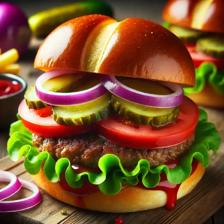 Assemble burgers by placing the patty on the bun and layering with lettuce tomato red onion pickles and any sauce of choice