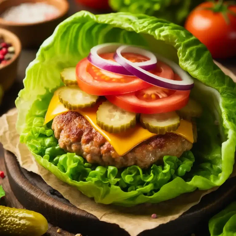 Assemble the burgers Place each patty in a large lettuce leaf and top with tomato onion and pickles