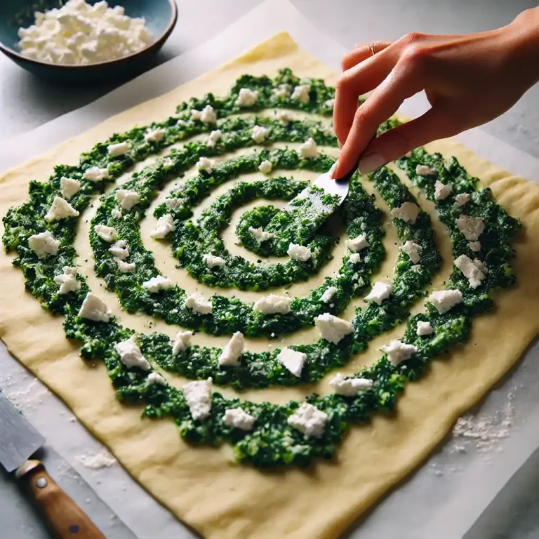 Assemble the pinwheels Roll out the puff pastry sheet and spread the spinach and feta mixture evenly over it