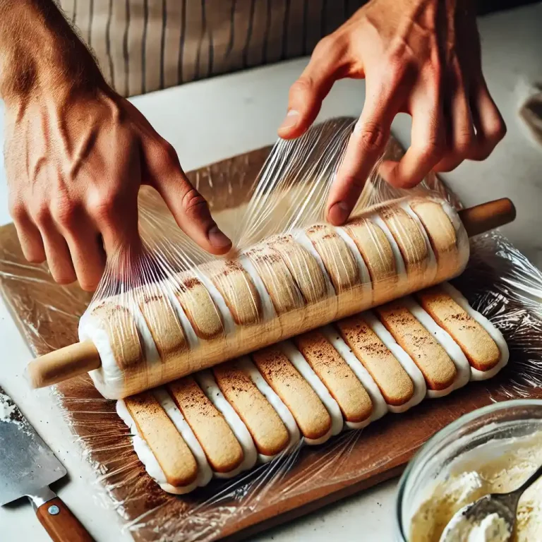 Carefully roll the dessert using the plastic wrap forming a tight log Chill in the refrigerator for at least 2 hours