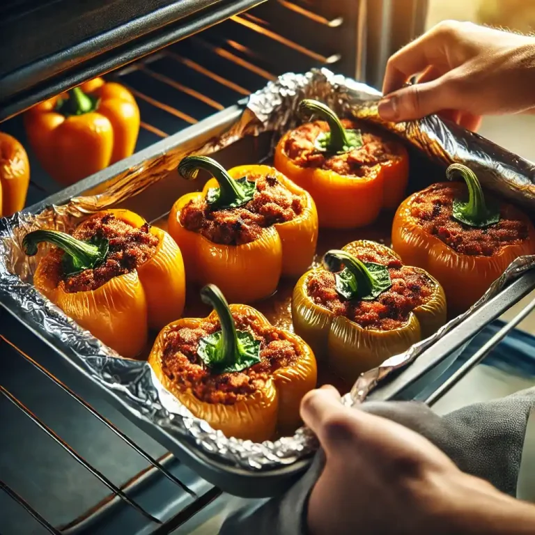 Cover the dish with foil and bake for 25 minutes, then remove the foil and bake for an additional 10 minutes until the peppers are tender and lightly browned.