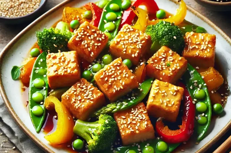 Crispy Sesame Crusted Tofu with Stir-Fried Vegetables