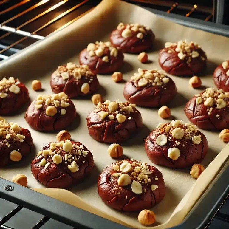 Top and Bake: Sprinkle chopped hazelnuts over the cookies and bake for 10-12 minutes until set but still soft in the center.