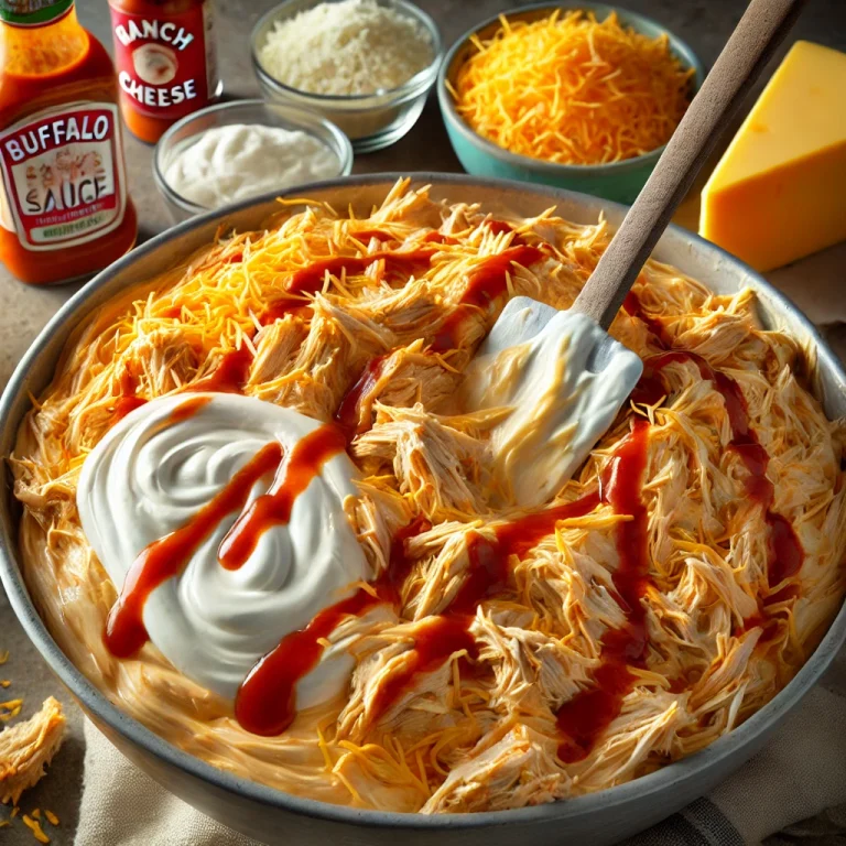 Mix the ingredients: In a large bowl, combine the chicken, buffalo sauce, ranch dressing, and cream cheese until smooth. Stir in half of the shredded cheddar cheese.