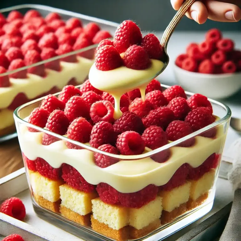 Add raspberries and custard: Spread a layer of fresh raspberries on top, followed by a generous spoonful of vanilla custard.