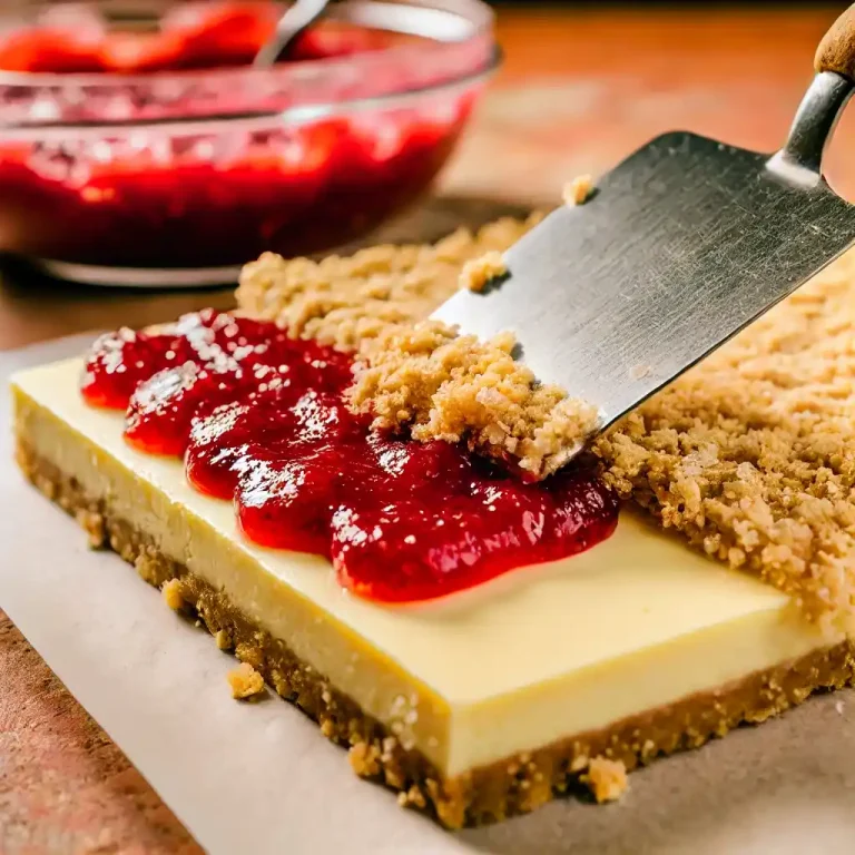 Add the strawberry layer: Spread strawberry preserves or jam on top of the cheesecake layer. Sprinkle the remaining crumble mixture on top.