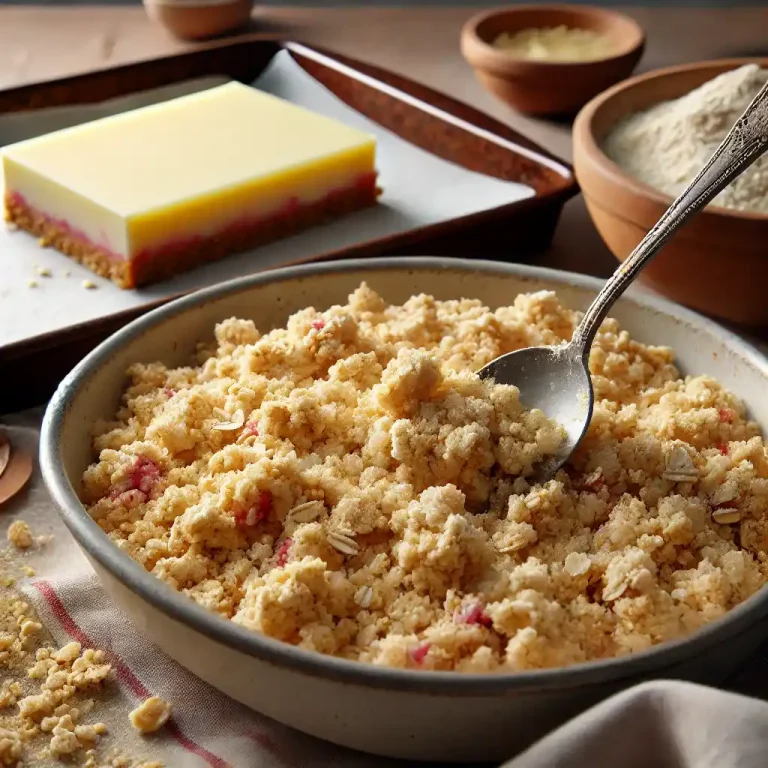 DALL·E 2024-10-26 00.28.36 - A close-up view of the crust and crumble mixture being prepared for strawberry crumble cheesecake bars. A bowl contains a crumbly blend of flour, oats (1)