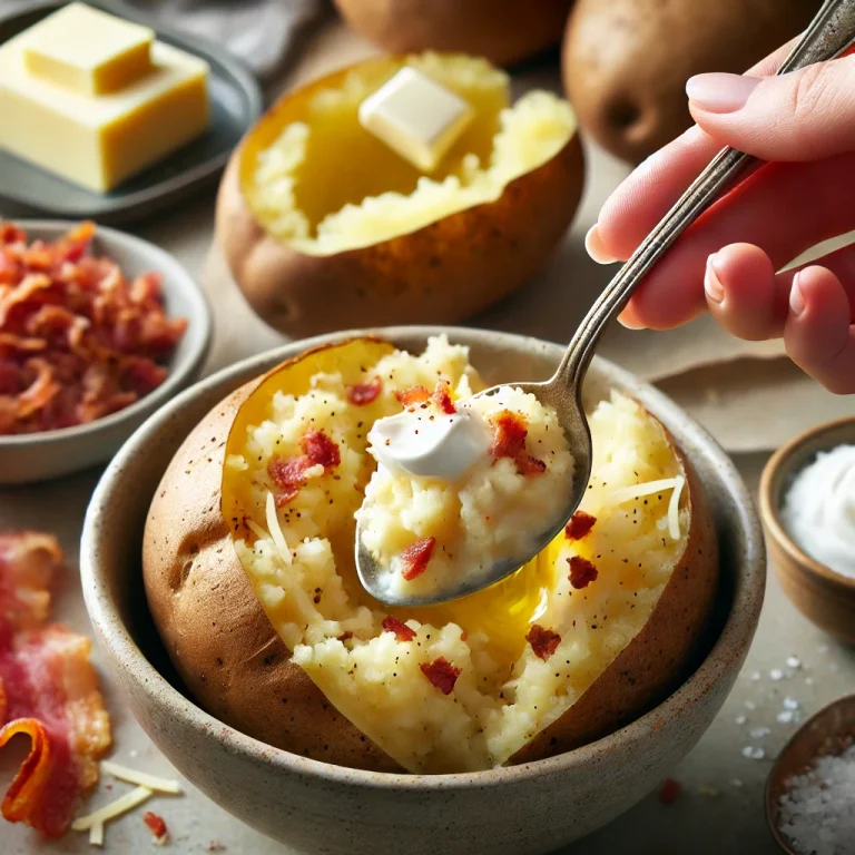 Prepare the Filling: Slice the potatoes in half lengthwise and scoop out the flesh into a bowl, leaving the skins intact. Mash the potato flesh with butter, sour cream, salt, and pepper. Stir in cheese and crumbled bacon.