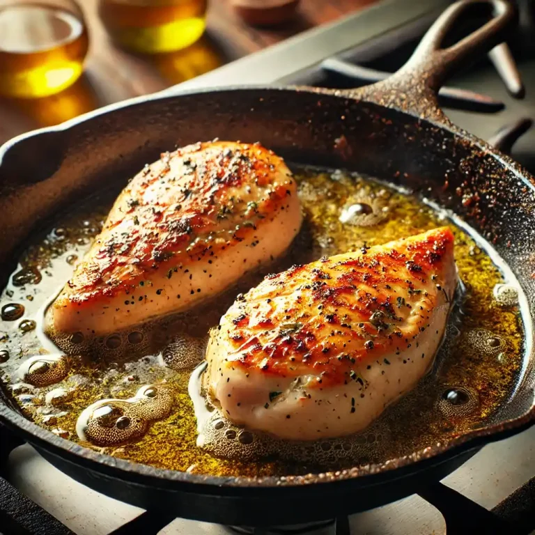 DALL·E 2024-10In an oven-safe skillet, heat some olive oil over medium heat. Sear the chicken breasts for 2-3 minutes on each side until golden brown.-27 23.33.54 - A visually appealing image of chicken breasts searing in an oven-safe skillet over medium heat. The chicken is golden brown on each side, with olive o (1)