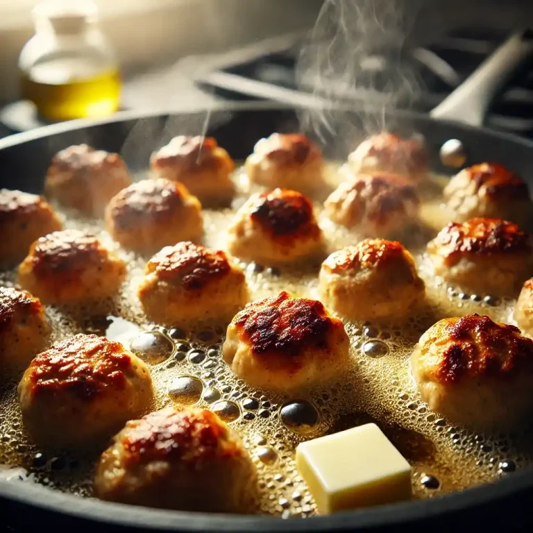 Heat butter and olive oil in a large skillet over medium heat. Sear the meatballs until browned on all sides, about 5-7 minutes, then remove and set aside.