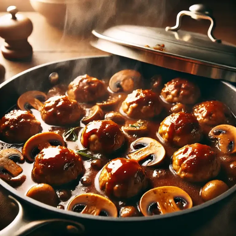 Pour in the Marsala wine and chicken broth, bringing the mixture to a simmer. Return the meatballs to the skillet, cover, and cook for 15 minutes until fully cooked.