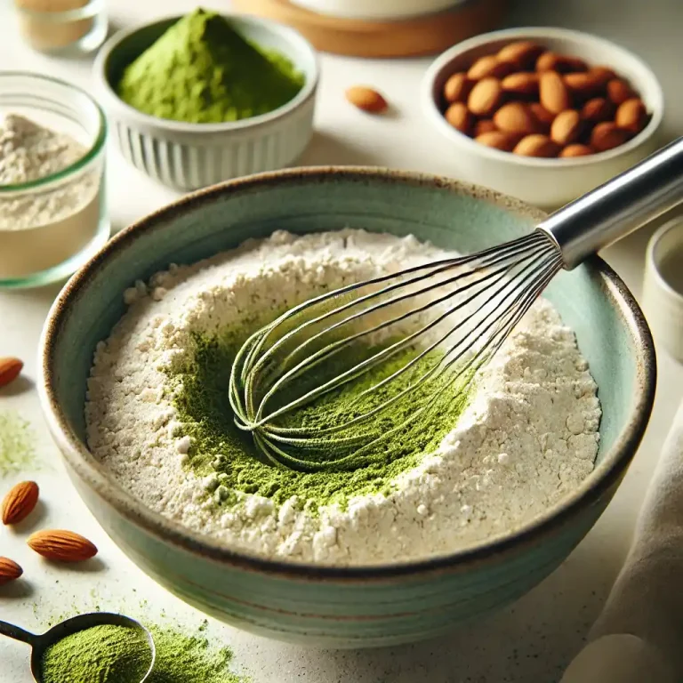 In a bowl, whisk together the almond flour, matcha powder, and baking powder.