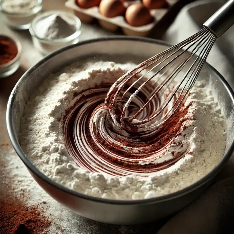 In a bowl, whisk together flour, cocoa powder, and baking soda.