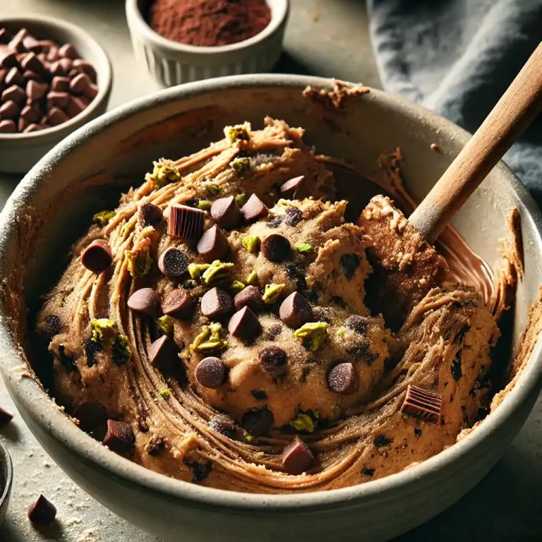 Gradually add the dry ingredients to the wet mixture, stirring until a dough forms. Fold in the chocolate chips and pistachios.