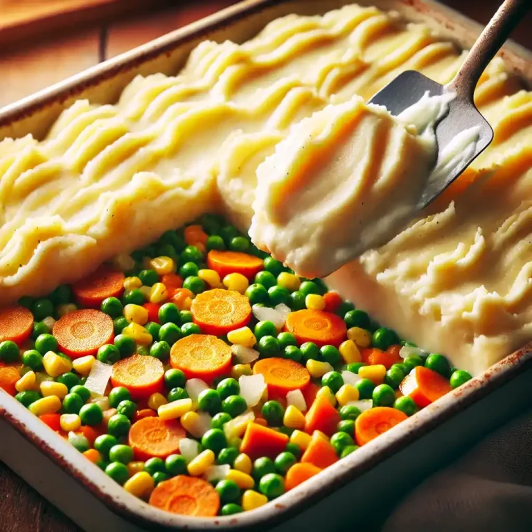 Assemble: Transfer the vegetable mixture into a baking dish and spread the mashed potatoes evenly over the top.