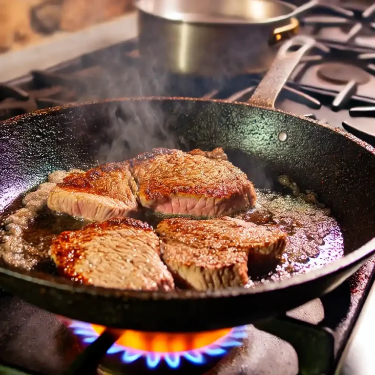 Heat the Skillet: Warm a large skillet over medium-high heat and cook the steak until seared and browned (3-4 minutes per side).