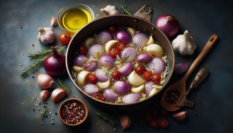 In a large pot, heat the olive oil over medium heat. Add the onion and garlic, sauté until softened.