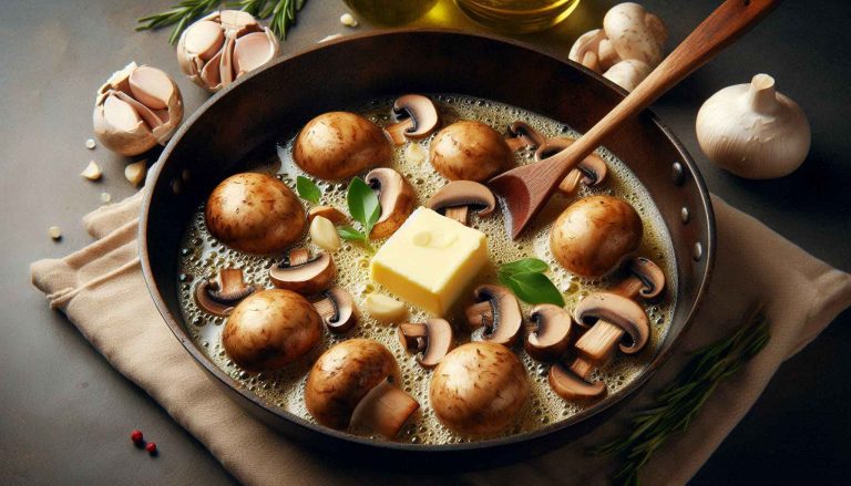 Heat butter in a large pan over medium heat. Add garlic and mushrooms, sautéing until mushrooms are golden and tender, about 5 minutes.