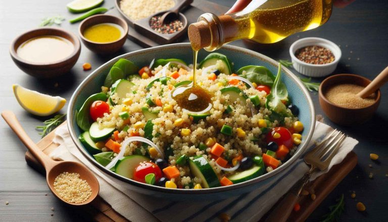 Pour the dressing over the quinoa salad and toss gently to combine