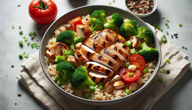 In a bowl, combine the brown rice, grilled chicken, broccoli, and bell pepper.