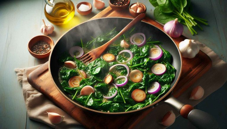 Heat olive oil in a pan over medium heat. Sauté the onion and garlic for 2-3 minutes until soft, then add the spinach and cook until wilted.