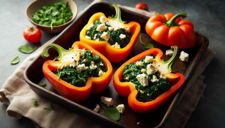 Stuff each bell pepper half with the spinach and feta mixture and bake for 20-25 minutes, or until the peppers are tender.