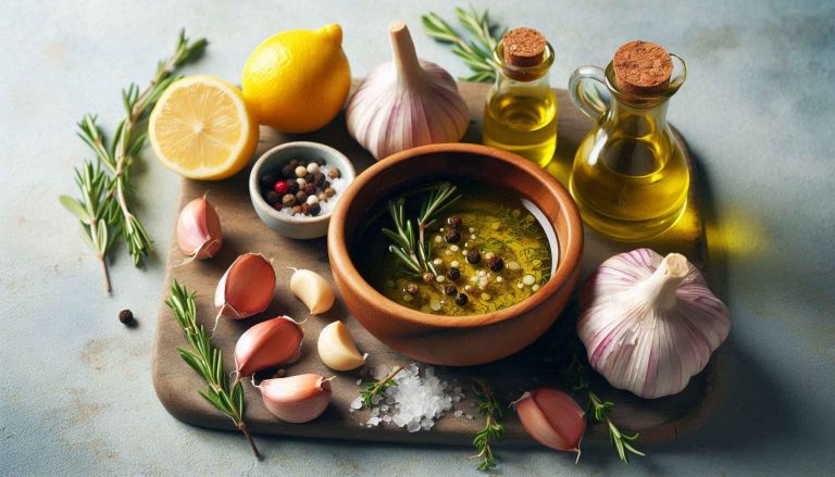 In a small bowl, mix together olive oil, lemon juice, garlic, thyme (or rosemary), salt, and pepper.