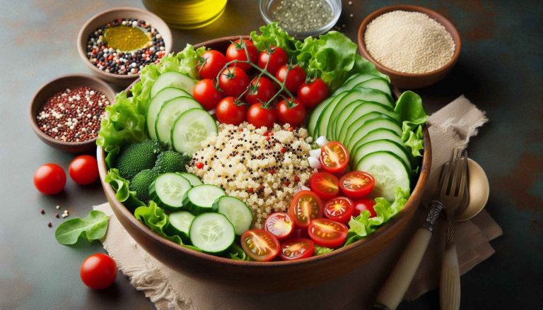 In a large bowl, combine quinoa, salad greens, cucumber, and cherry tomatoes.