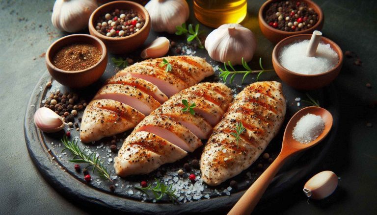 Season the chicken breasts with garlic powder, salt, and pepper, then grill or pan-sear them over medium heat for 6-8 minutes per side until fully cooked. Slice and set aside.