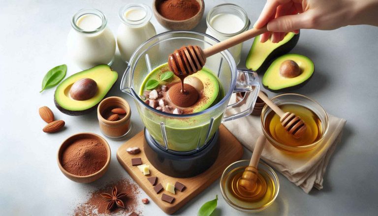 Scoop the avocado into a blender and add the milk, cocoa powder, honey, and protein powder (if using).