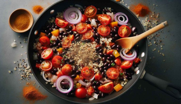 In a skillet, heat olive oil and sauté the onions until softened. Add diced tomatoes, black beans, quinoa, cumin, salt, and pepper. Cook for 5 minutes.