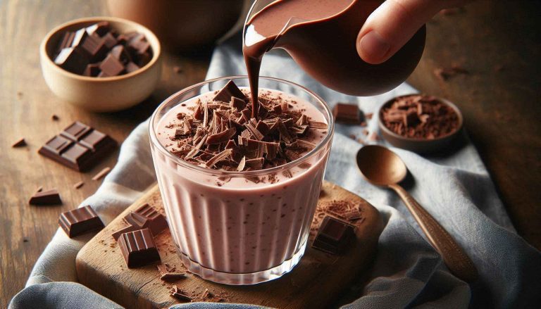 Pour the smoothie into a glass and top with chocolate shavings or a drizzle of chocolate syrup.