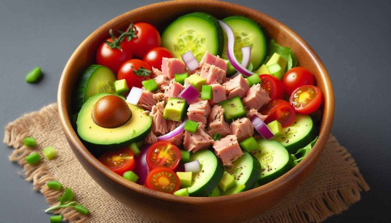 In a bowl, combine the drained tuna, diced avocado, cucumber, cherry tomatoes, and red onion.