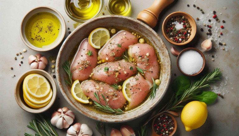 In a bowl, mix olive oil, lemon juice, herbs, salt, and pepper. Marinate the chicken breasts in this mixture for at least 30 minutes.