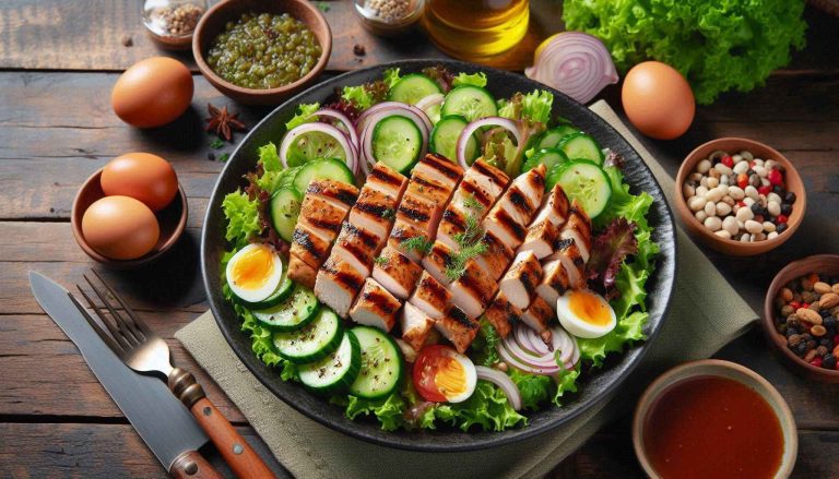 Slice the grilled chicken and place it on top of the salad.