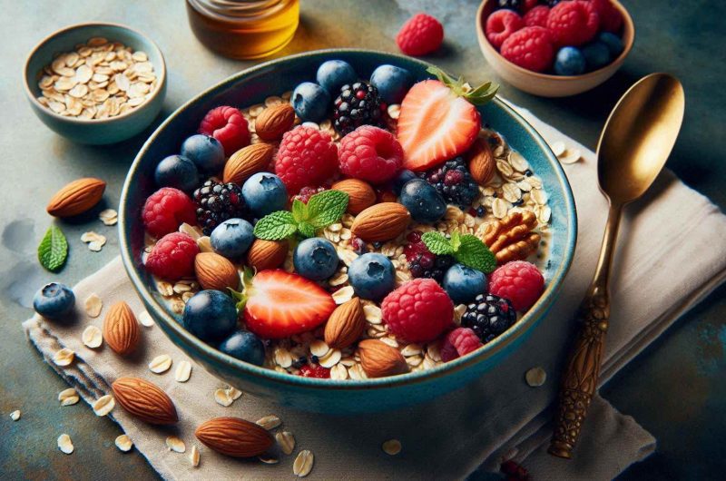 A Vibrant Breakfast Bowl with Oats, Nuts, and Berries