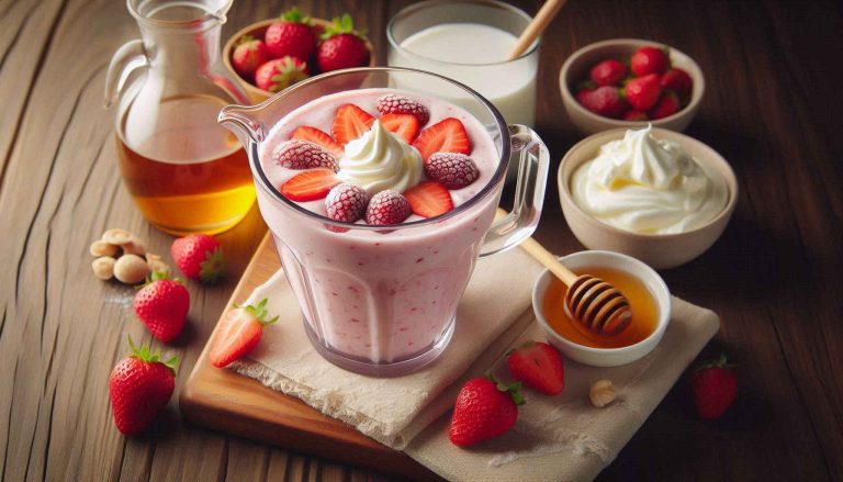 In a blender, combine the frozen strawberries, Greek yogurt, cream cheese, milk, honey, and vanilla extract. Blend until smooth and creamy.