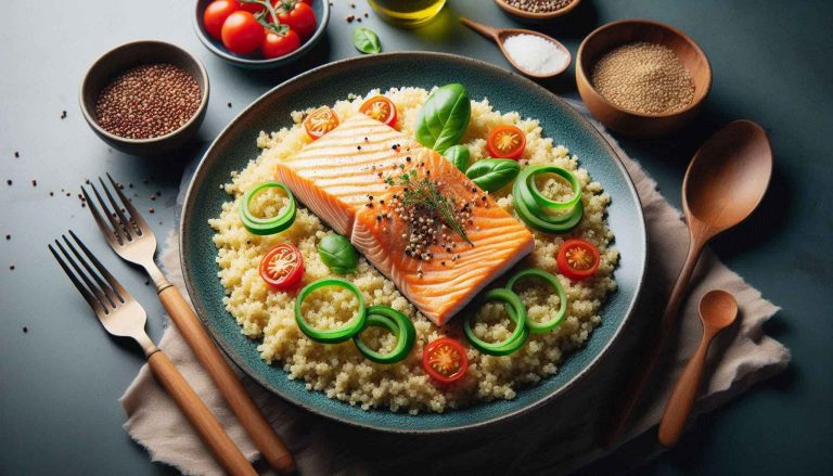 Fluff the cooked quinoa and divide it between plates. Place a salmon fillet on top of each portion.