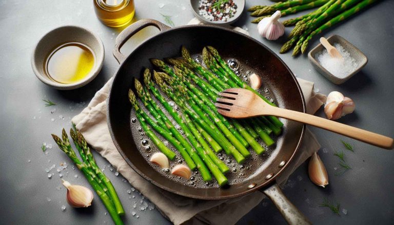 Add the asparagus to the pan and cook for 4-5 minutes until tender but crisp.