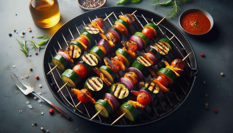 Grill the skewers for 10-15 minutes, turning occasionally, until the vegetables are tender and lightly charred.