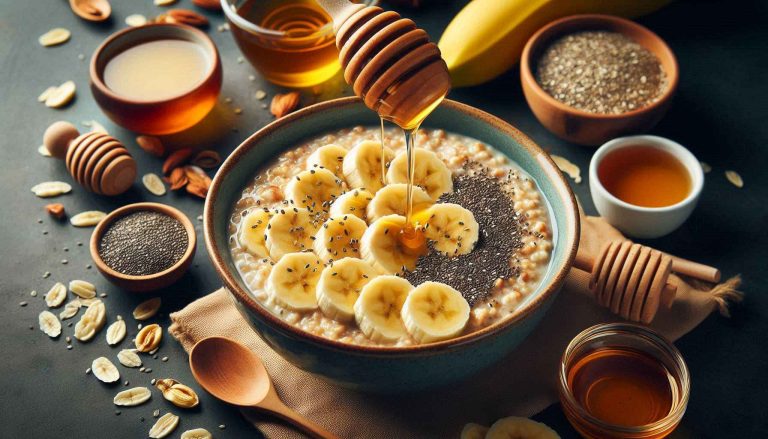 Pour the oatmeal into a bowl and top with banana slices, chia seeds, and a drizzle of honey or maple syrup if desired.