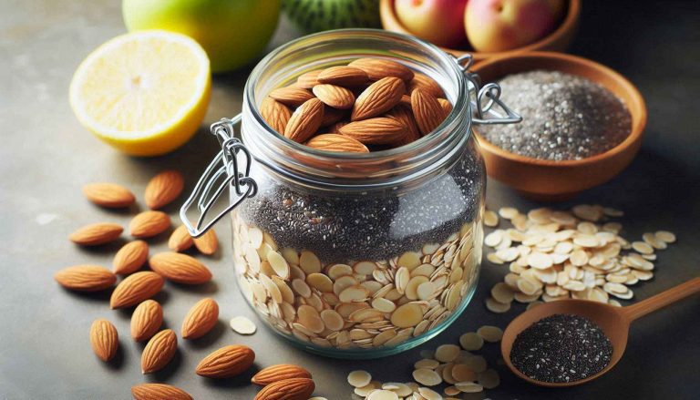 In a jar or bowl, combine the oats, chia seeds, and sliced almonds.