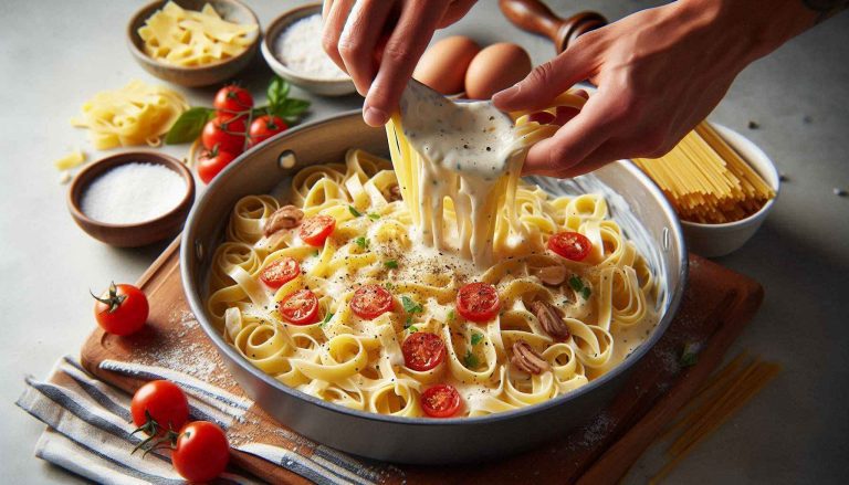 Combine Pasta and Sauce: Toss the cooked fettuccine into the Alfredo sauce, coating it evenly.