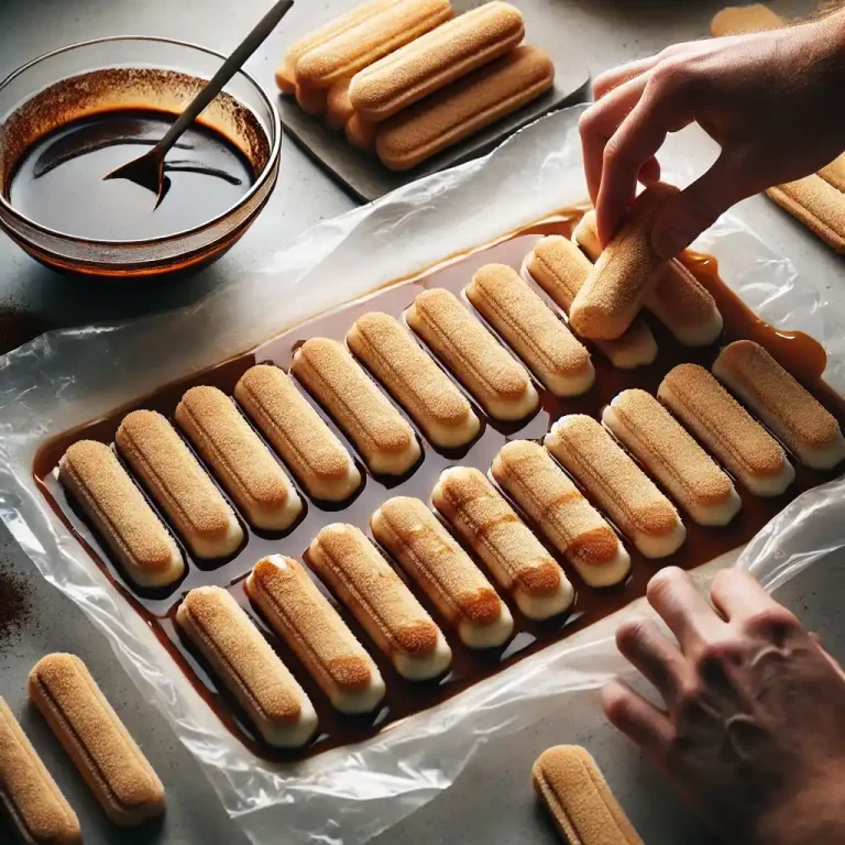 Dip each ladyfinger briefly in the cooled coffee and arrange them on a sheet of plastic wrap forming a rectangular base