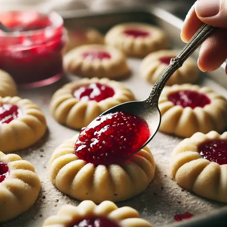 Fill with Jam Spoon a small amount of raspberry chia jam into each thumbprint