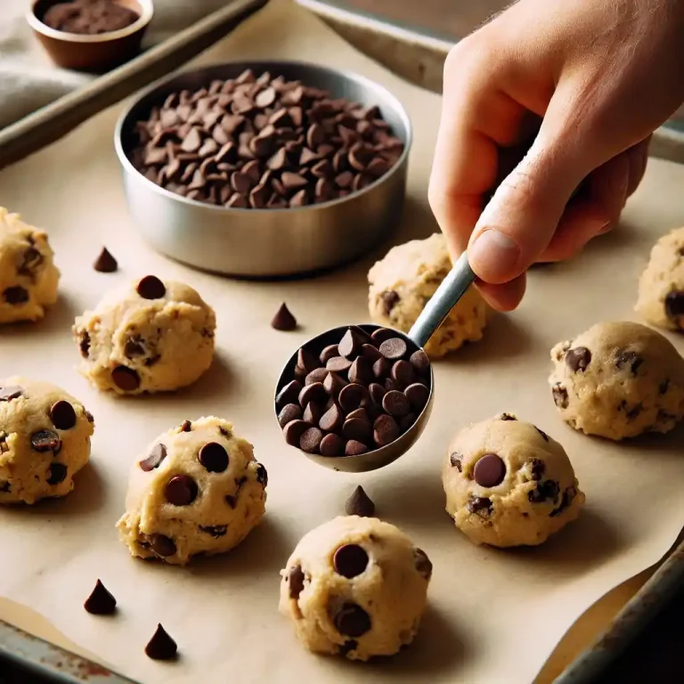 Fold in the vegan chocolate chips and scoop tablespoon-sized balls of dough onto the prepared baking sheet.